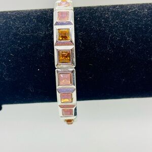 Faux Amber and Opal Square Crystal Gemstone Silver Tone Stretch Bracelet. 7 inch